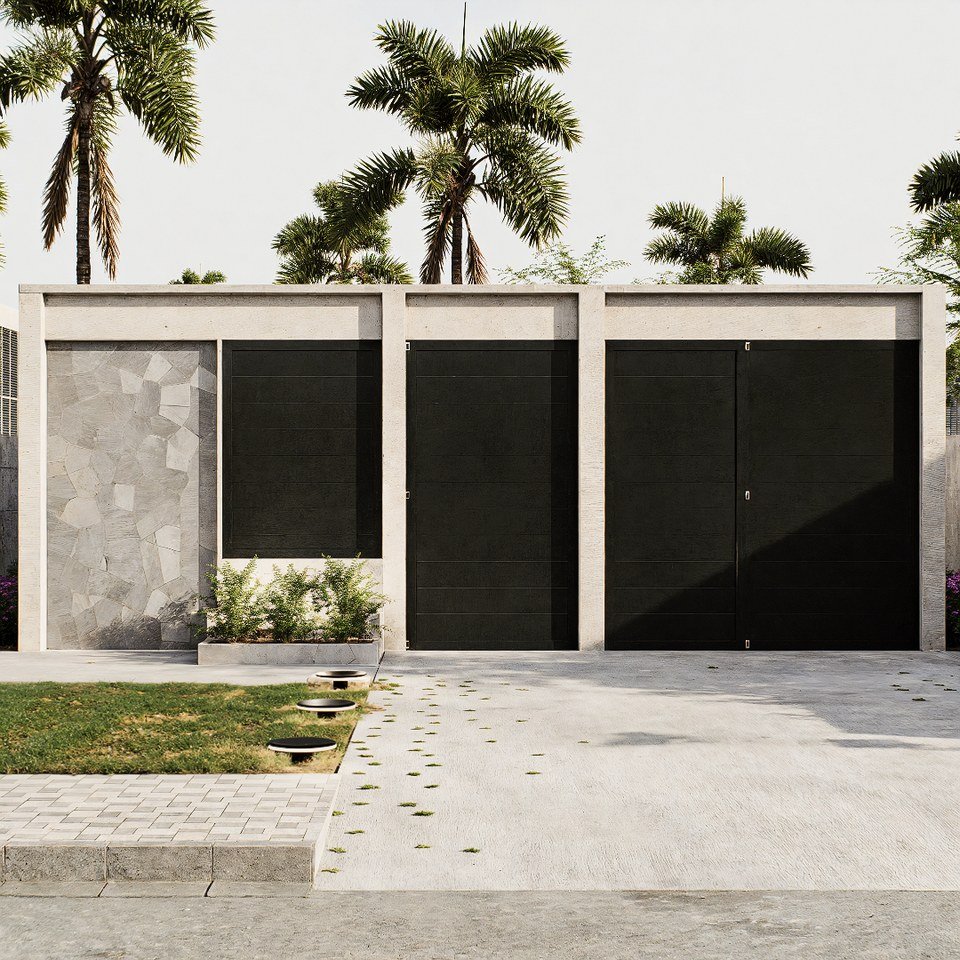 Contemporary three-bay garage framed by palm trees